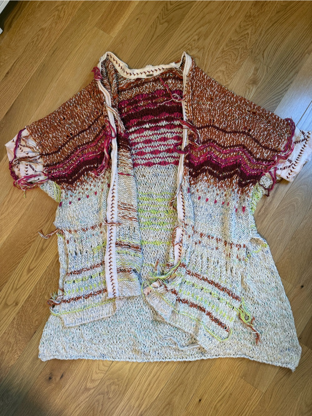 Free People Multicolor Knit Open Cardigan with Pink and Brown Accents